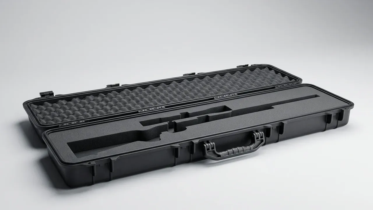 Military firearm case in black, long format, opened, egg-crate foam in the lid, routed cavity in the base, latch bosses on the rim