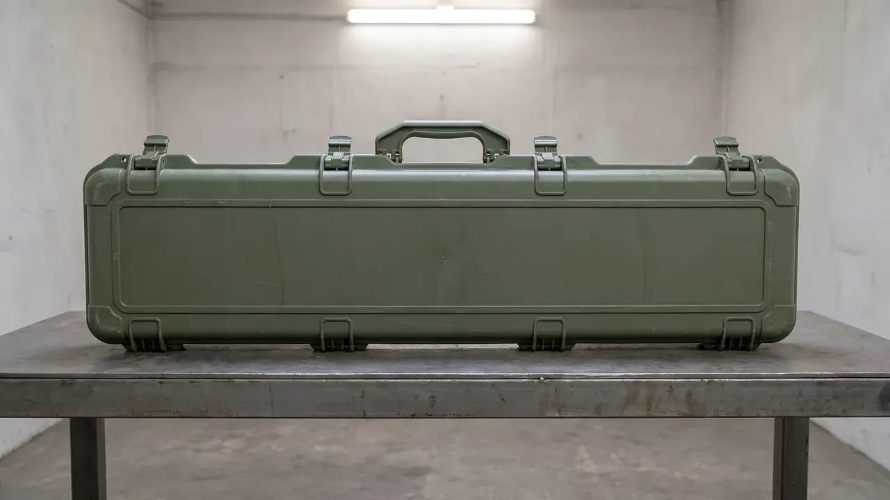 Military Firearm Case: closed olive green long case standing on a steel bench, four latches on top, four hinges below, moulded handle, concrete wall
