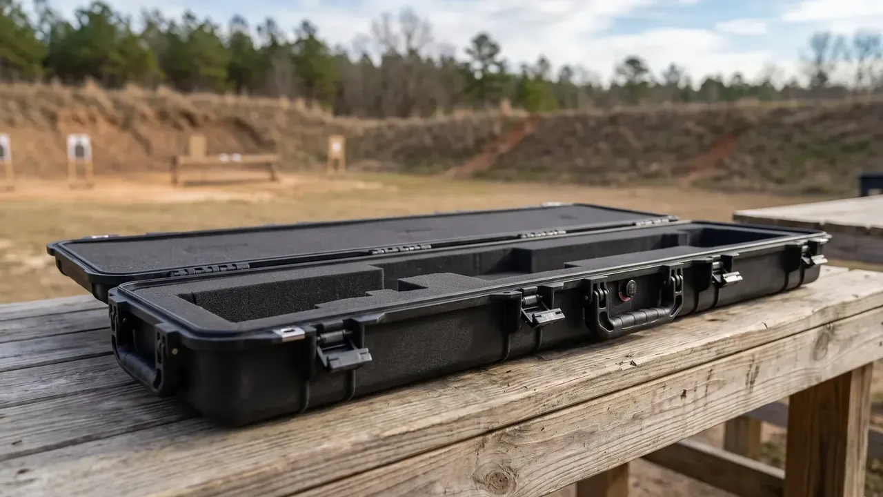 Military Firearm Case: black long case open on a wooden bench at a range, three latches and two folding handles near side, foam cut-outs