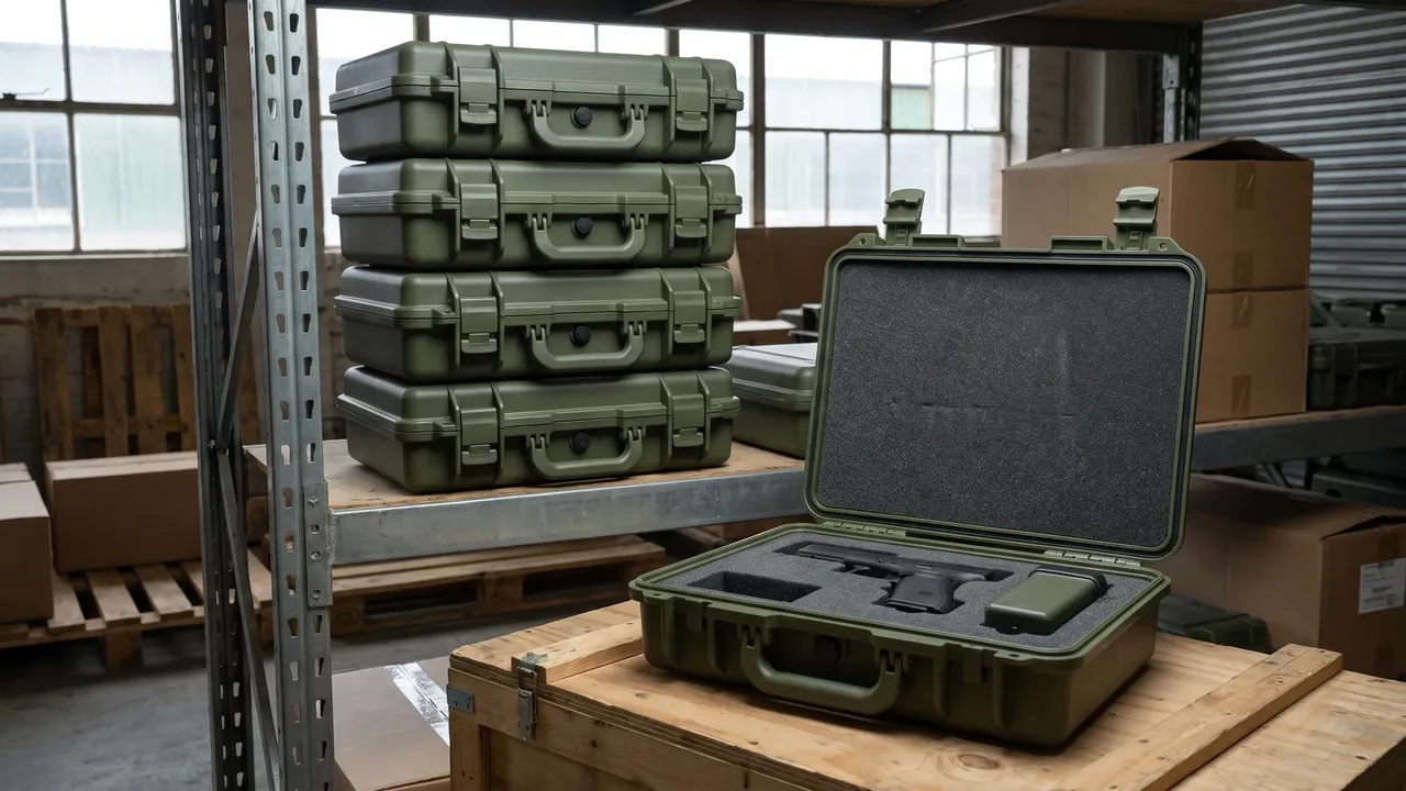Stacked military firearm cases ready for shipment