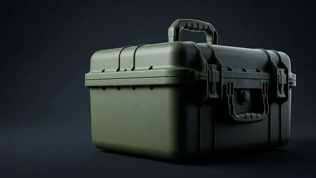 Military Firearm Case: one closed case against a dark background, olive lid on a black body, top handle up, two latches and a round valve
