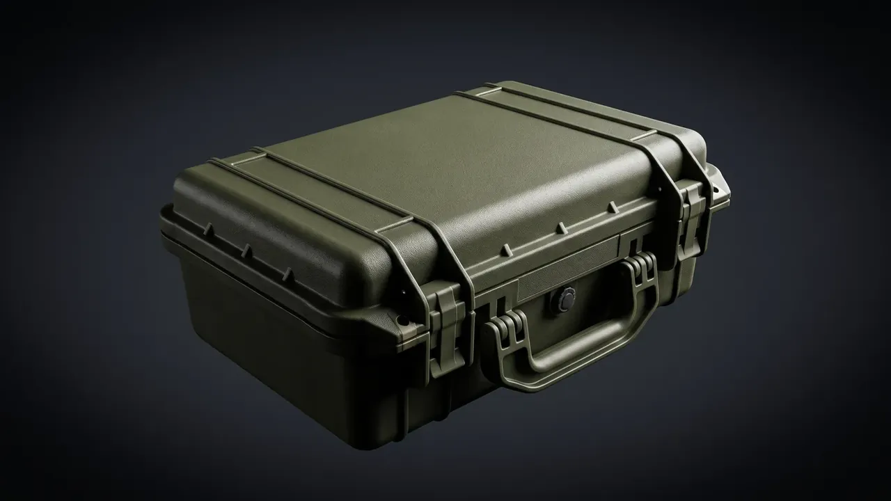 Military Firearm Case: olive case seen from above, two moulded ribs along the lid, two latches closed at the front, handle folded flat
