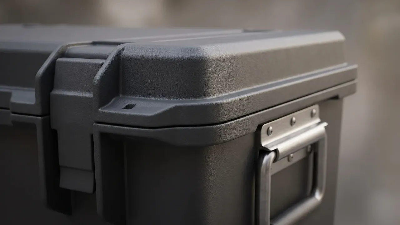 Corner close-up showing draw latch, riveted steel handle and lid seam