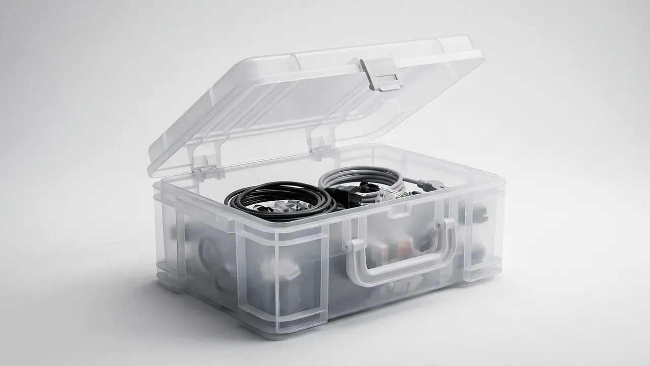 Clear case open, coiled black cables and metal connectors lying inside