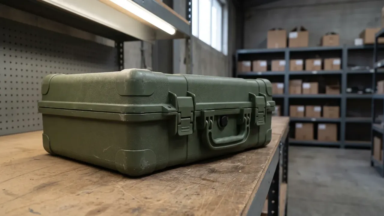 Closed olive case on a wooden bench, boxed shelving behind