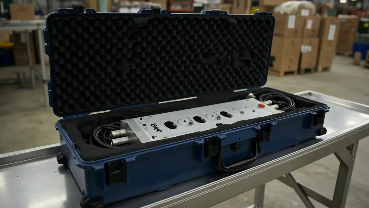 Navy long case open, black foam holding a silver instrument module and cables