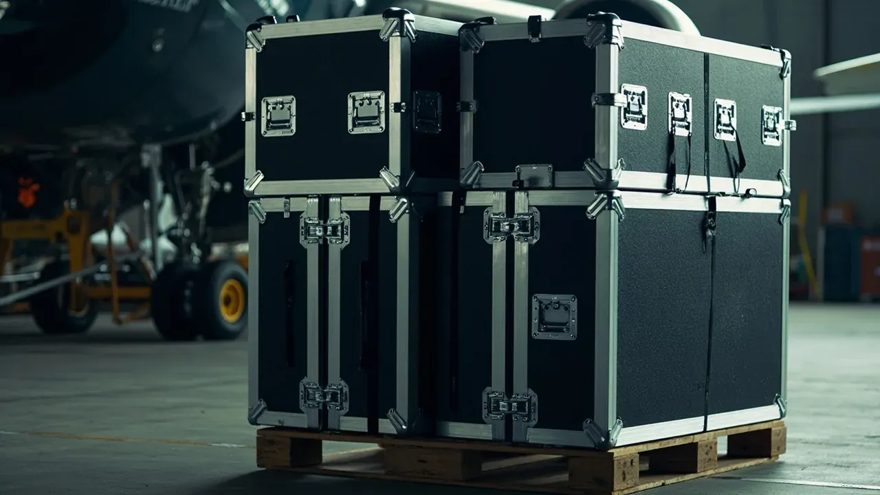 Four aluminium-framed flight cases on a pallet, white labels on the faces