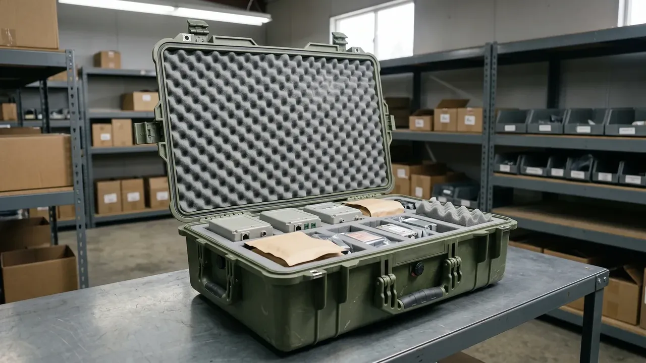 Olive case wide open, grey egg-crate foam holding square electronic modules
