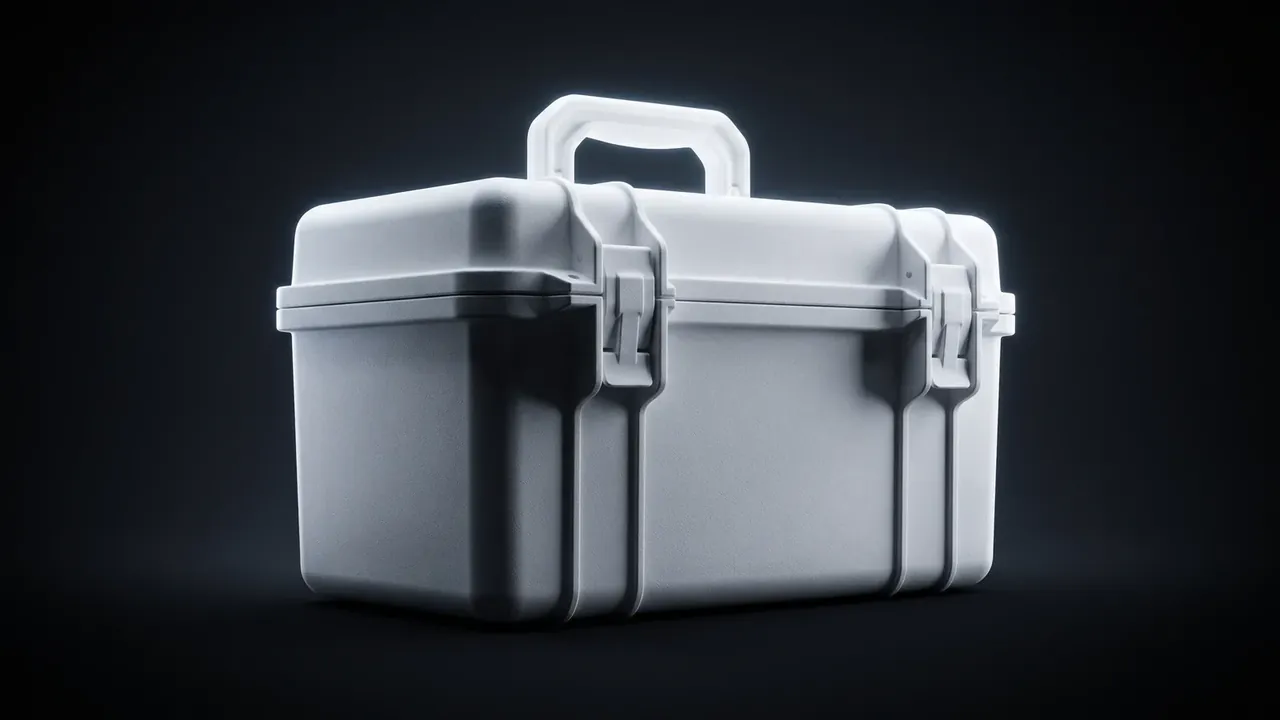 Military rotomolded case: a pale grey case at an angle on a dark background, folding handle raised, two toggle latches, rounded corners with vertical ribs