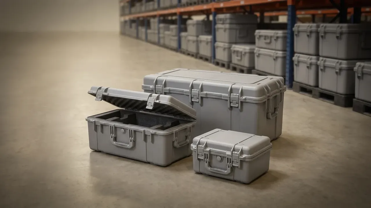 Military Rotomolded Case: three grey cases on a warehouse floor, the middle one open showing black foam and dividers, pallets and racking behind