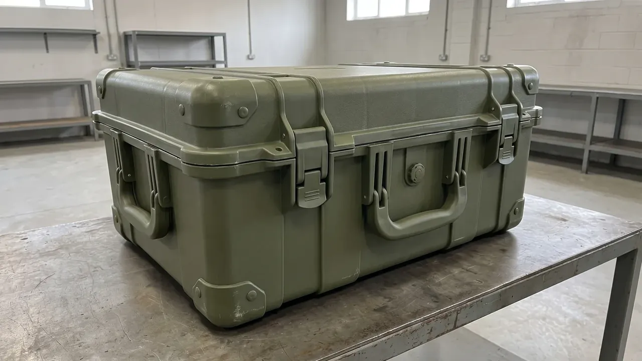 Military Supply Case: olive-green rotomolded case on a scratched steel bench, four metal latches, molded side handles, grey shelving and high windows behind