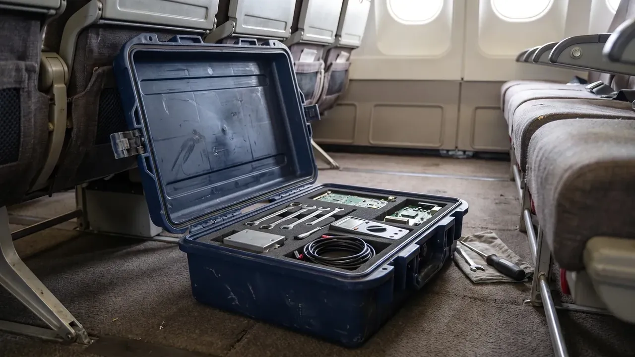Military transit case, dark blue, open on an aircraft aisle floor, foam inserts holding spanners and circuit boards, coiled cable, grey seats and oval windows