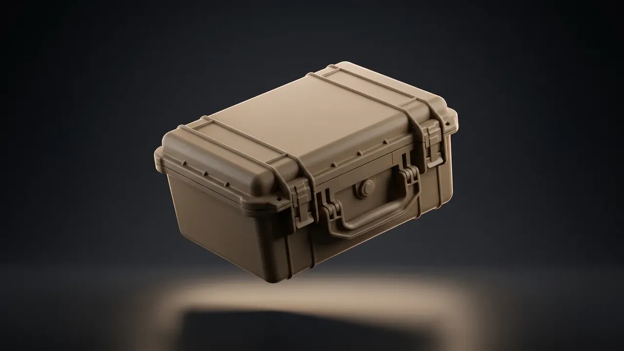Missile Box: sand-colored rotomolded case floating at a three-quarter angle on a dark grey gradient, two lid ribs, folded side handle, one latch closed