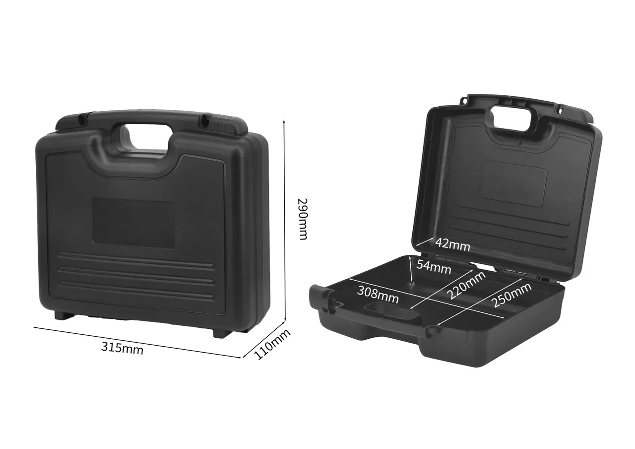 Outline and open interior of the same black case, marked 315mm long, 290mm high, 110mm deep outside, cavity 308mm by 250mm, 54mm deep, lid 42mm