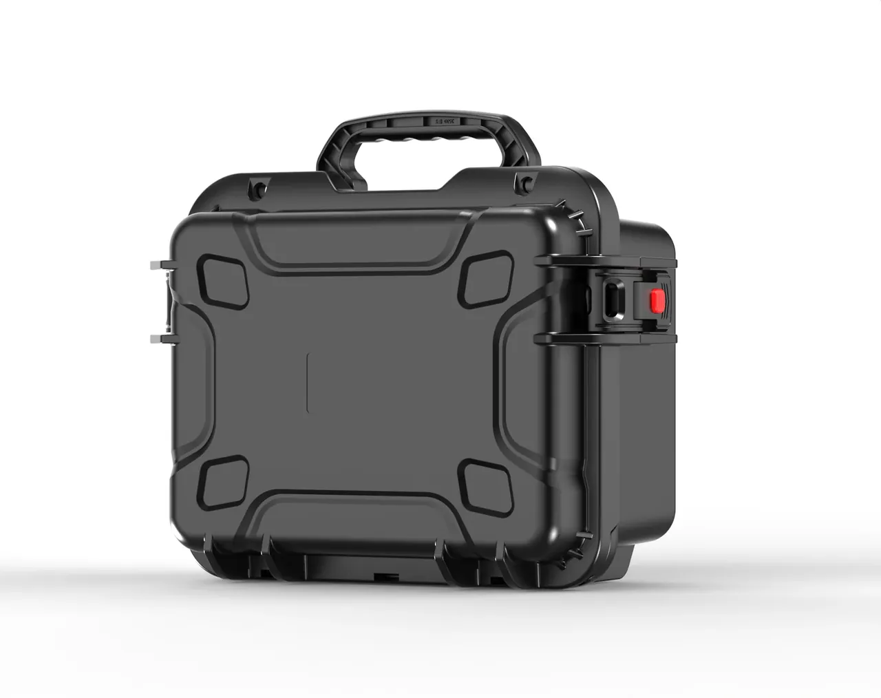 The case turned to a rear three-quarter view, with a red insert in the right-hand draw latch and hinge lugs spaced along the lower edge