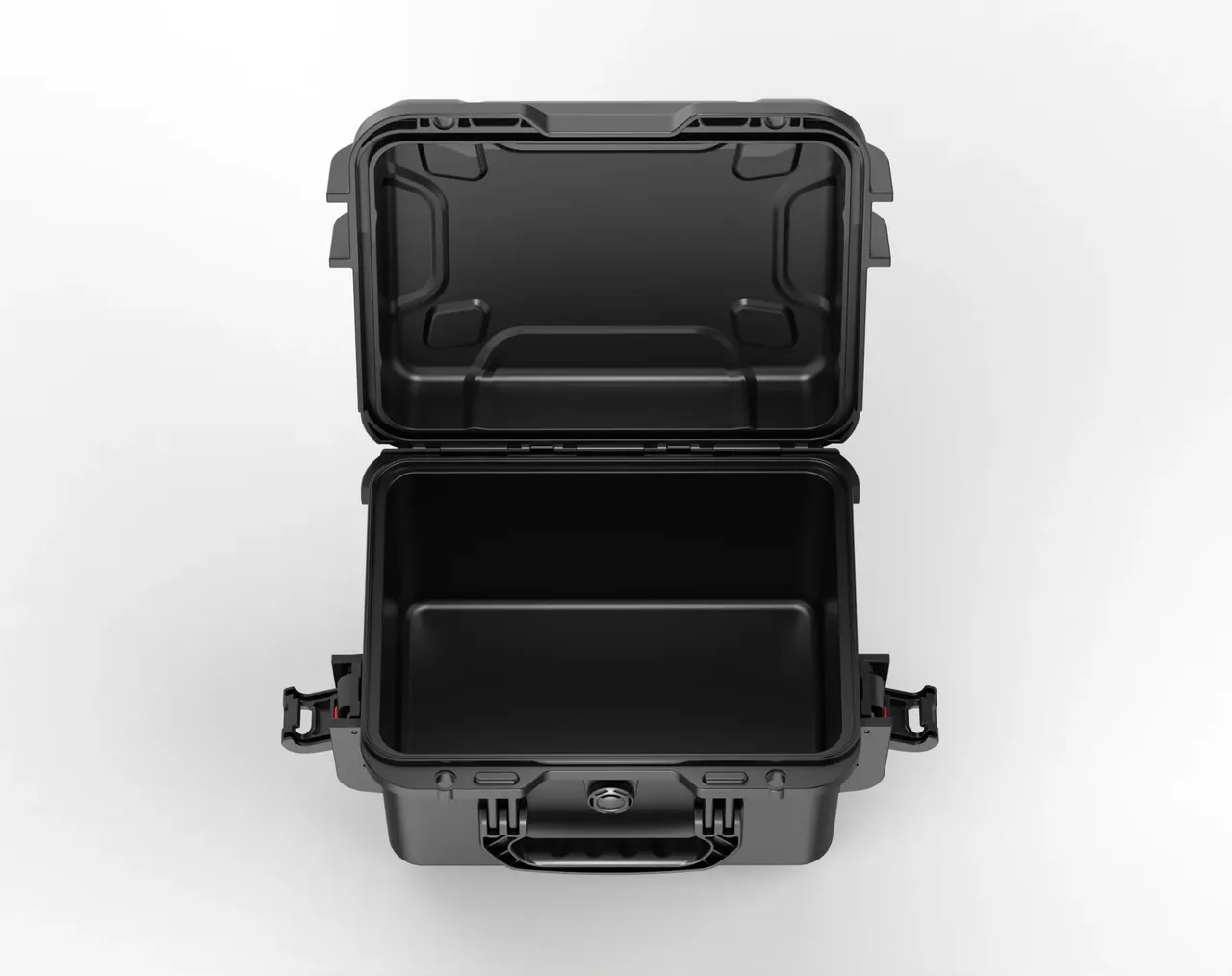 The case open with the lid upright, the interior empty and unlined, a seal groove around the inside of the lid rim and both draw latches released