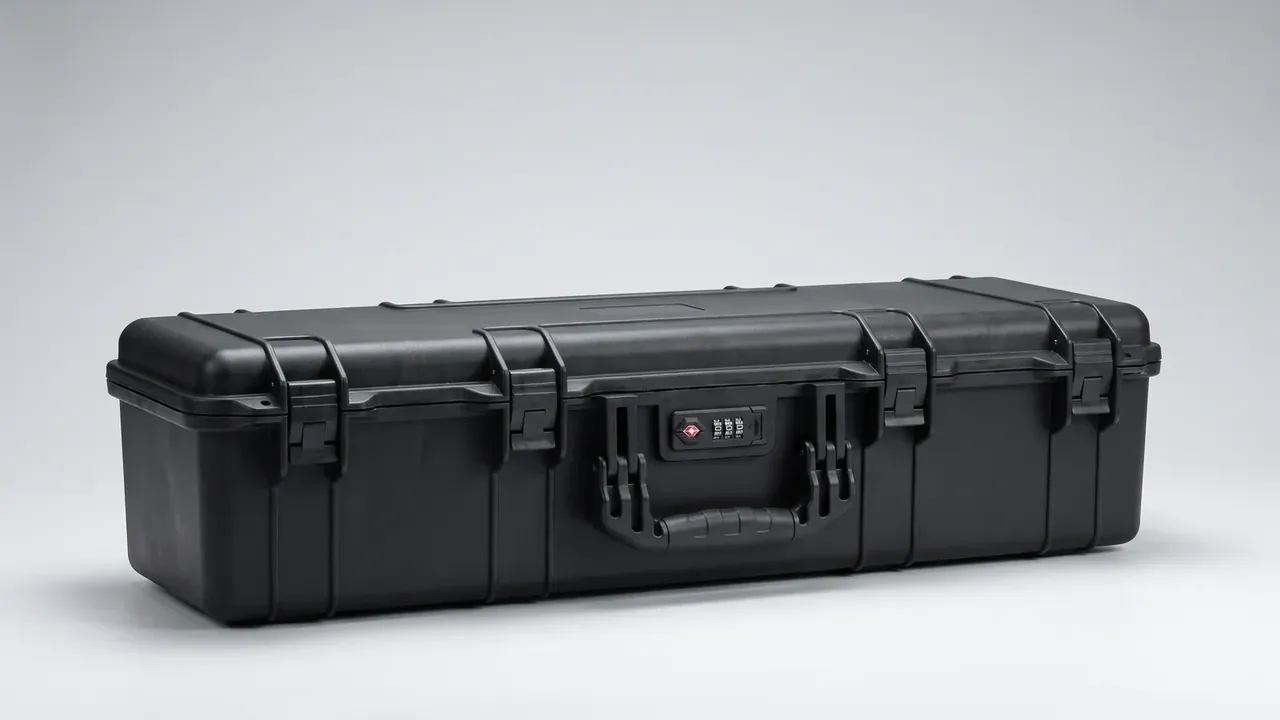Missile Warhead Container: a closed black case on a pale grey backdrop, folding handle and combination lock at centre, four lid tabs, rounded corners