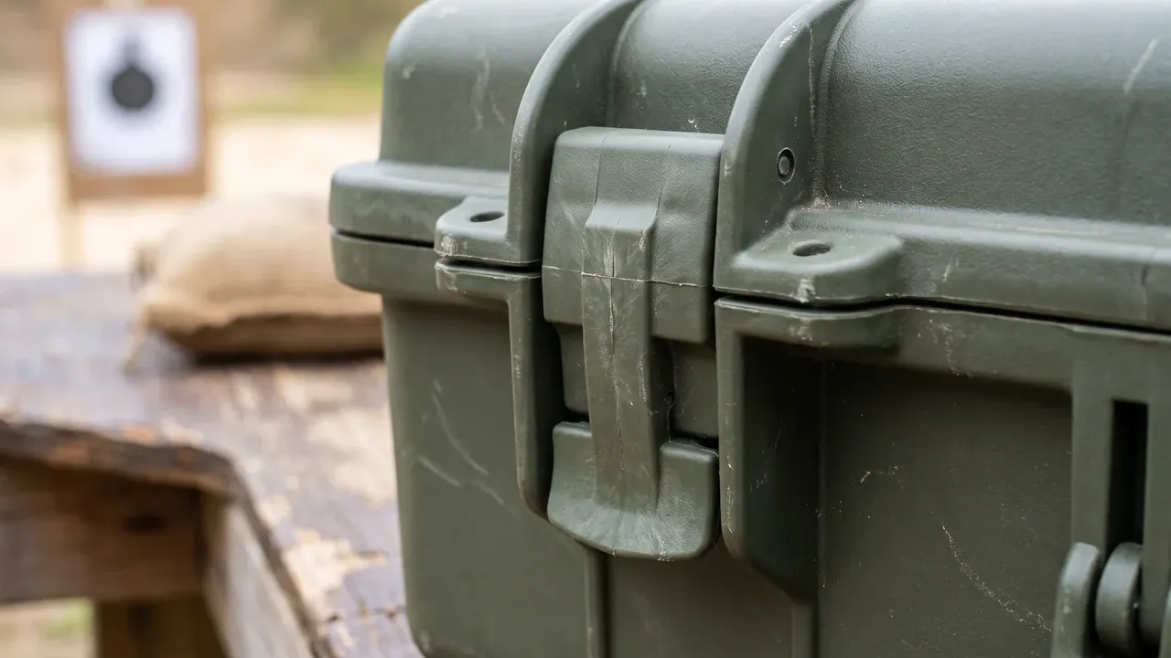 Missile Warhead Container: a closed olive-green case on a wooden table, one centre latch fastened, fine scratches across the lid, blurred sandbags and targets behind