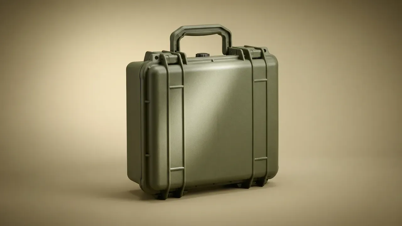 Missile Warhead Container: closed olive green hard case on a beige backdrop, one molded top handle, two vertical ribs, side latches, small wheels