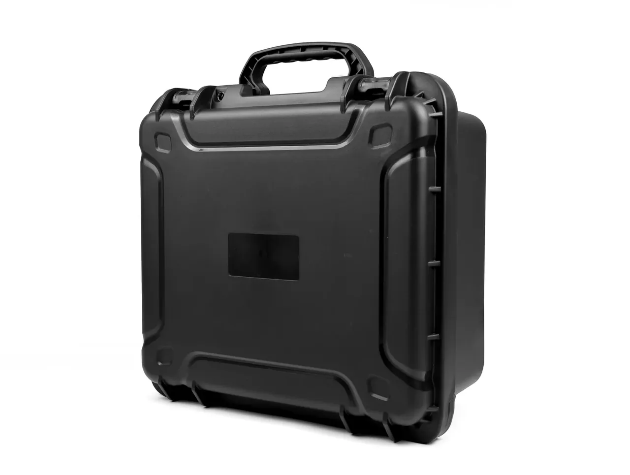 The same case at a three-quarter angle, showing the thickness ratio of lid to base, one draw latch on the top edge and a straight hinge line down the side
