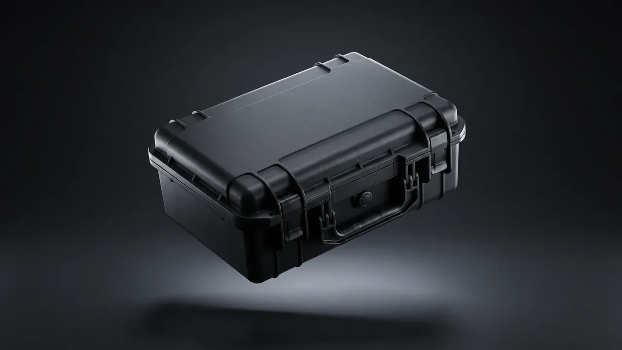 Missile Warhead Container: a closed black case on a dark gradient, two front latches beside the folding handle, four lid tabs, rounded corners