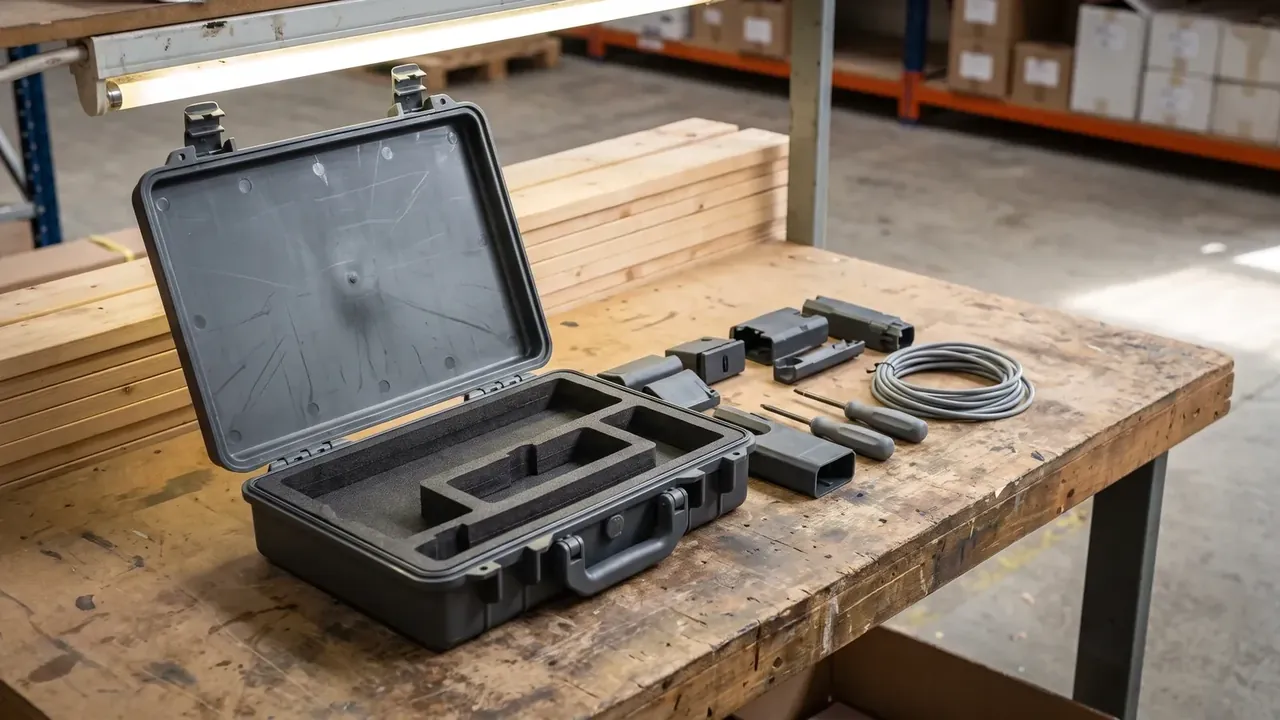 Mobile plastic transport case with wheels: case open on a worn bench, ribbed lid, slotted foam, cable and screwdrivers beside it, orange racking behind