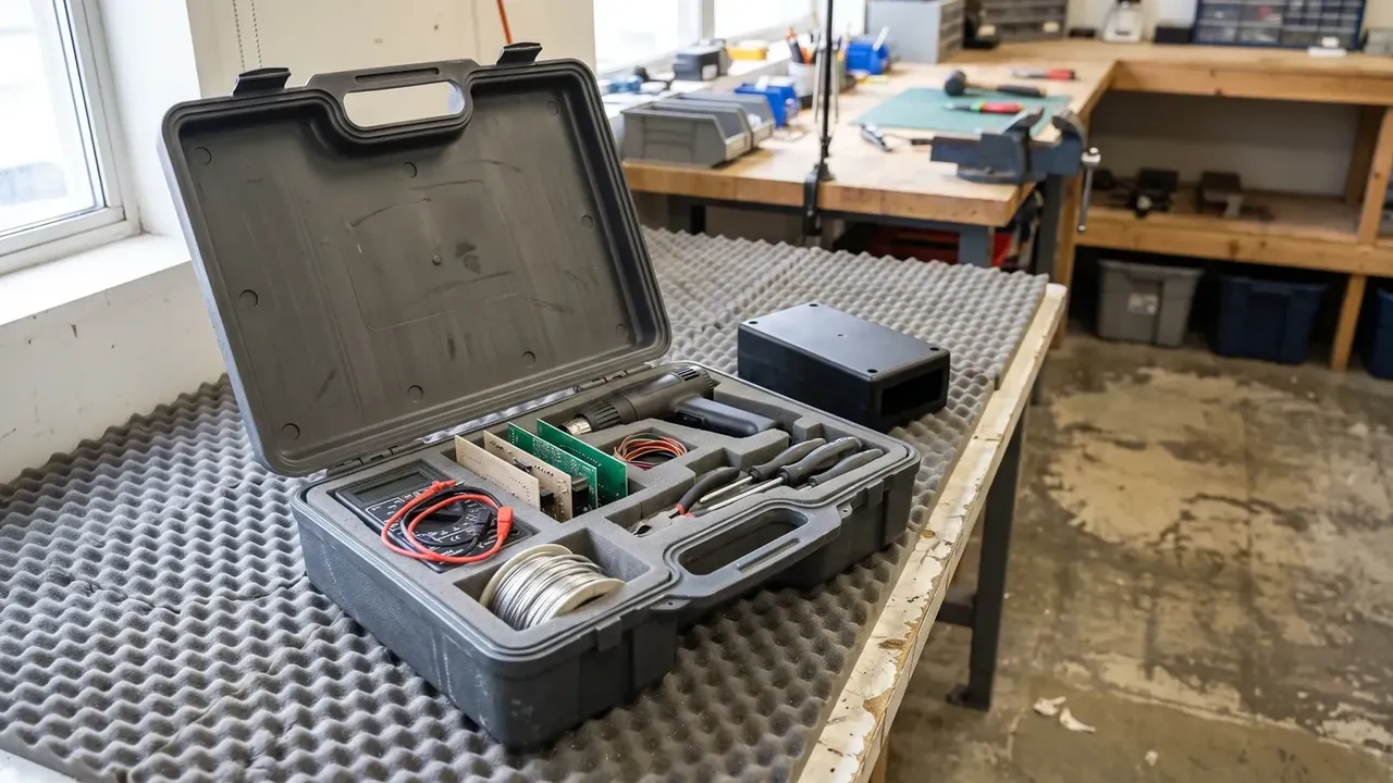 Mobile plastic transport case with wheels: case open on an egg-crate mat, lid handle cut-out, foam bays with circuit boards, solder coil and clip leads
