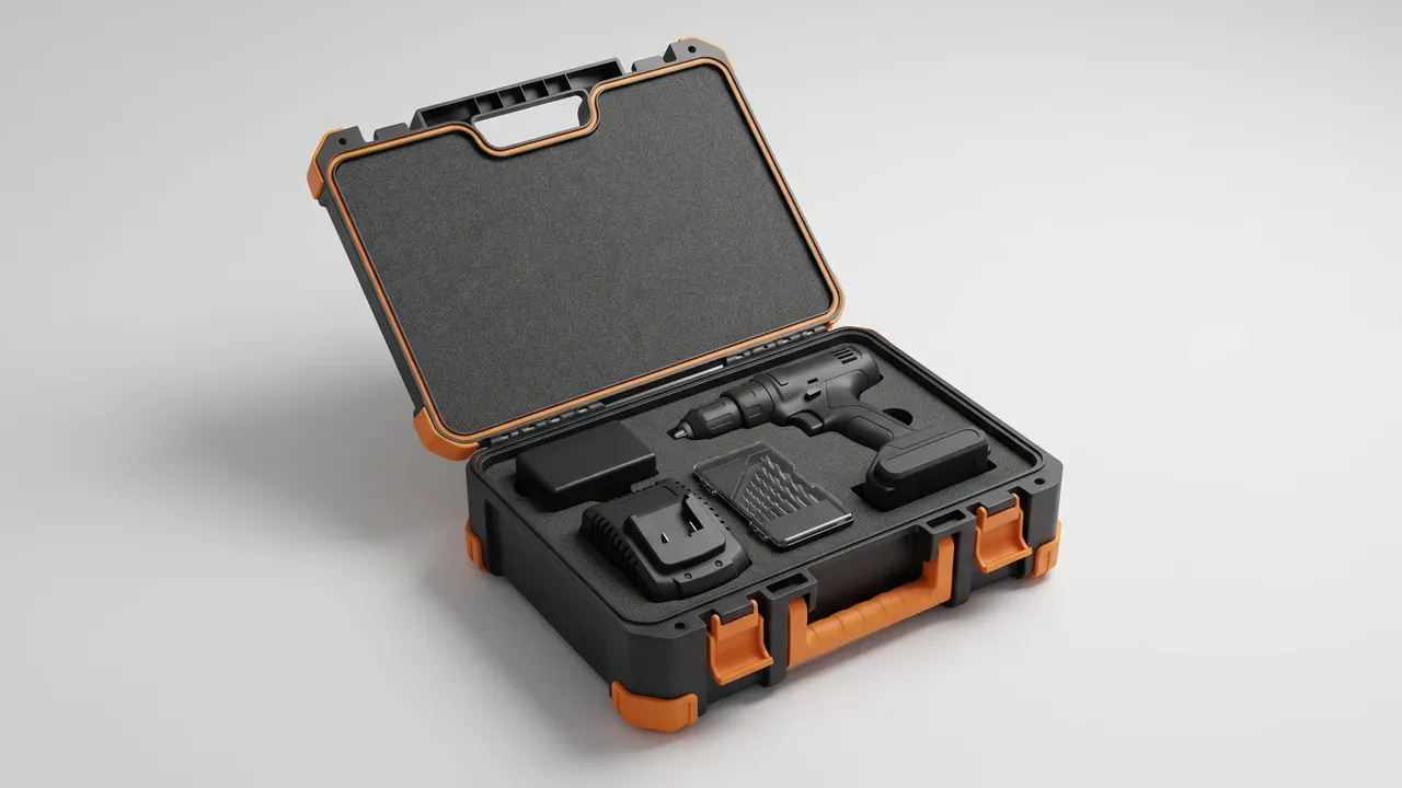 Mobile Tool Cabinet: open case, grey fleece in the lid, foam cut-outs holding a black drill, a battery, a bit box and a bit holder