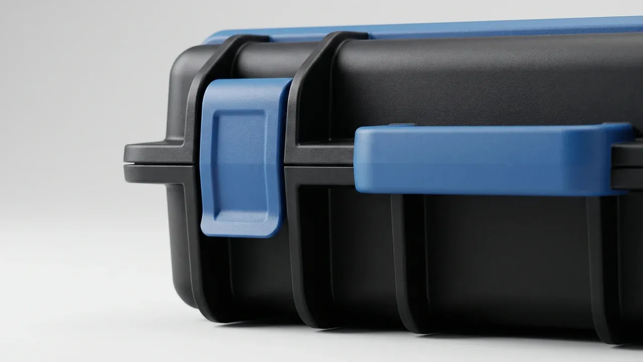 Mobile tool cabinet: two black moulded cases side by side, blue lid trim and blue latches, sand-grain walls, pale grey background