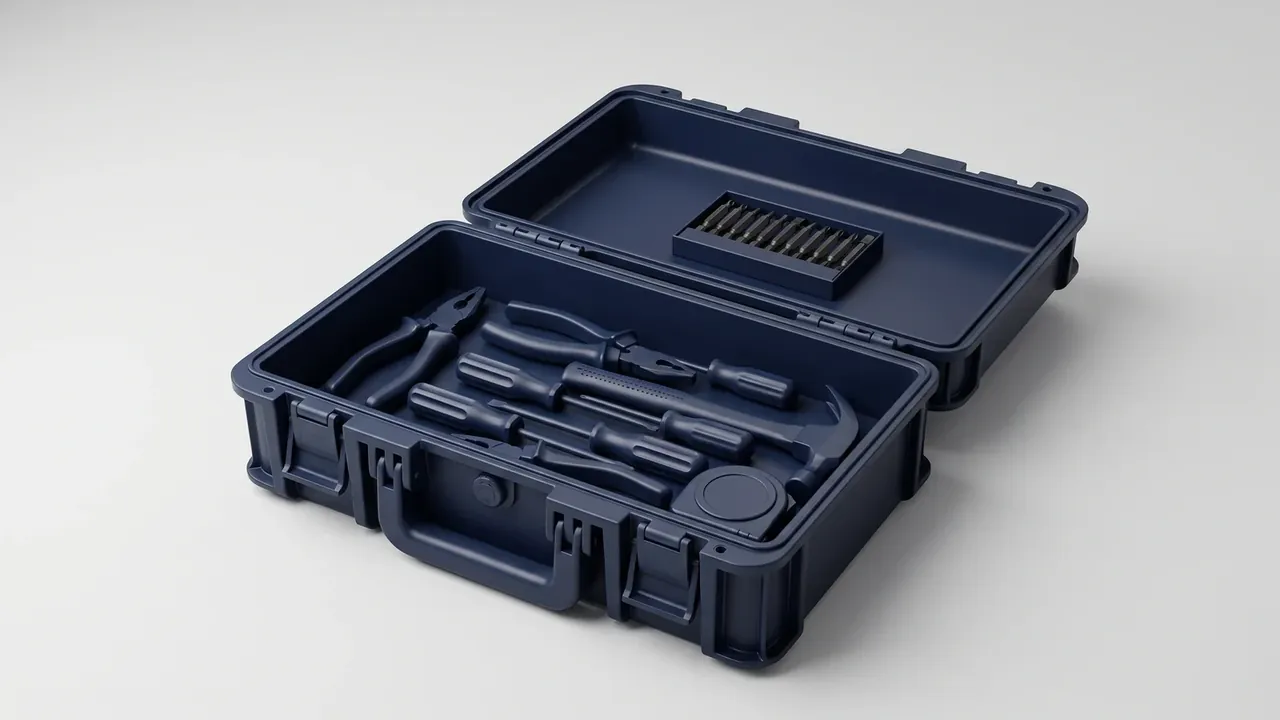 Mobile Tool Cabinet: open navy case, tray of gold hex bits in the lid, pliers, an adjustable wrench, screwdrivers and a bent pry bar below
