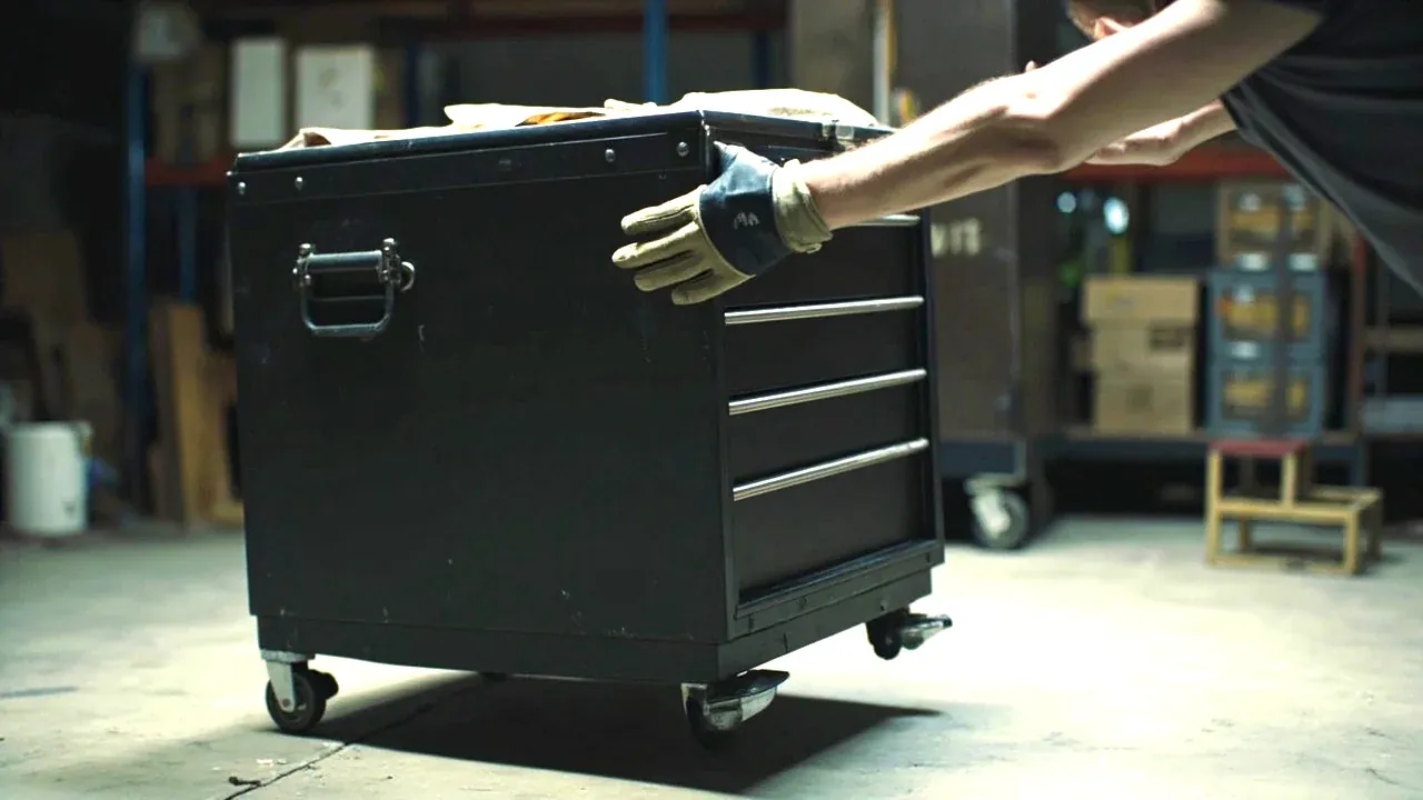 A gloved hand pushing a loaded mobile tool cabinet across a floor, the cabinet leaning with motion