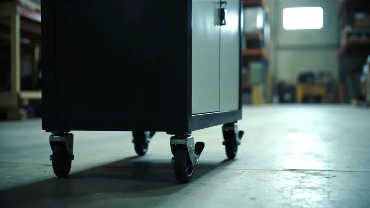 A mobile tool cabinet on a slight floor gradient with the brake pedal engaged, wheels locked
