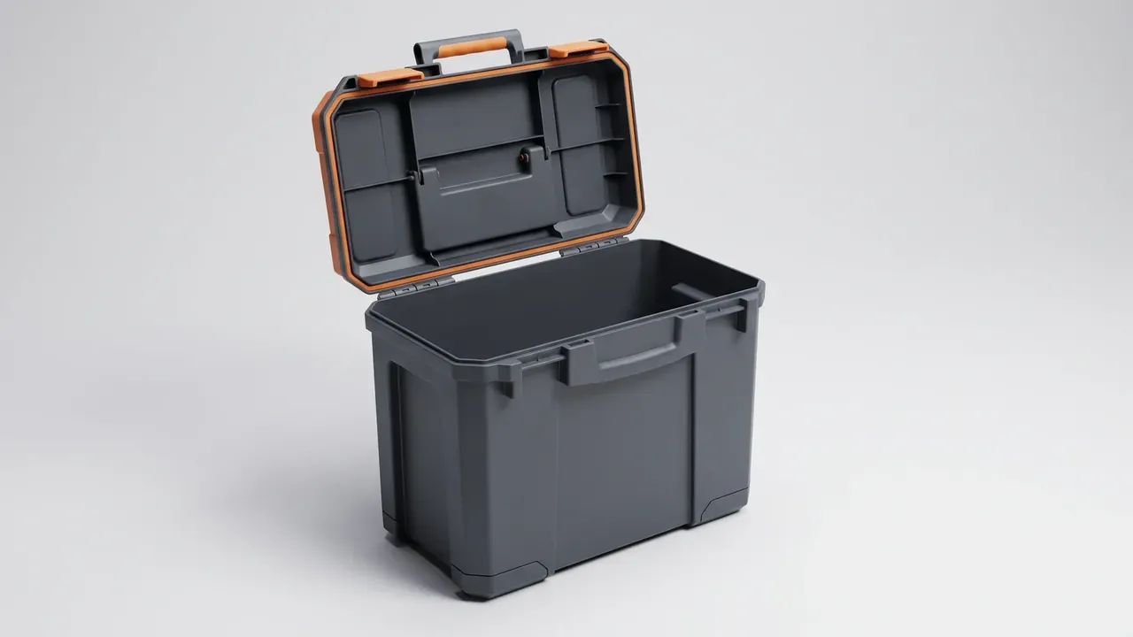 Mobile Tool Cabinet: a dark grey case with its lid fully open, moulded ribs inside the lid, an orange seal line along the rim