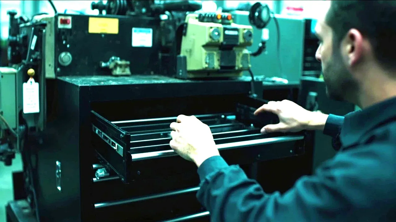 A mobile tool cabinet parked at a machine side with a drawer open, a gloved hand reaching in