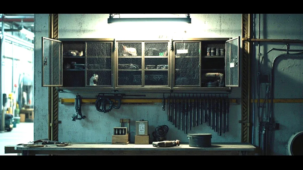 A fixed wall cabinet with mesh doors, tools on the shelf at a long reach