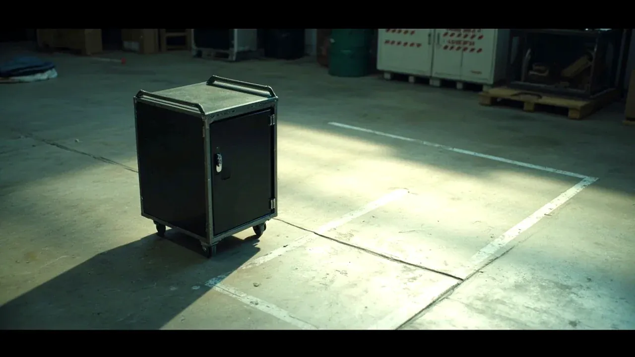 Floor space comparison: a mobile cabinet footprint marked on a workshop floor beside a fixed cabinet shadow