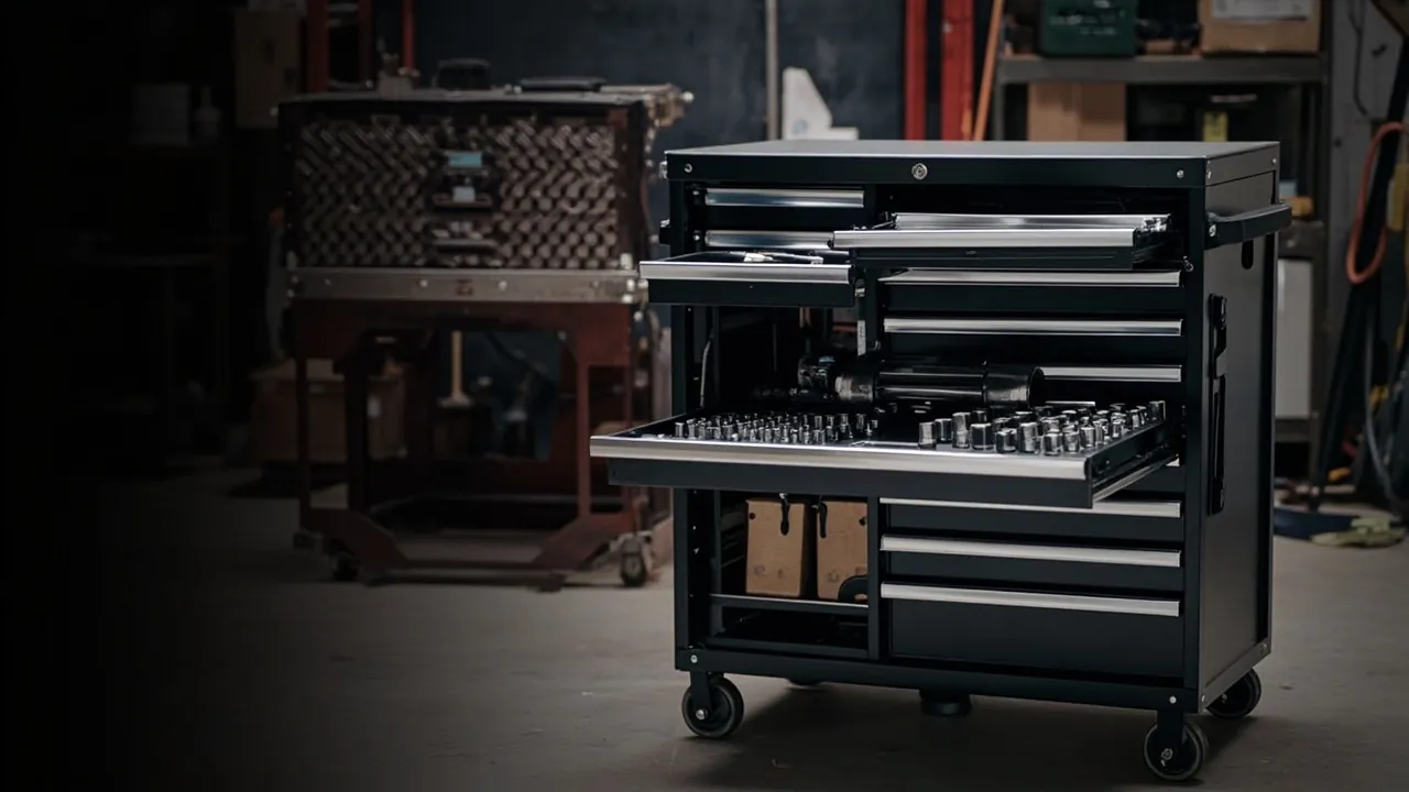 Multi-drawer tool cart at maintenance bay