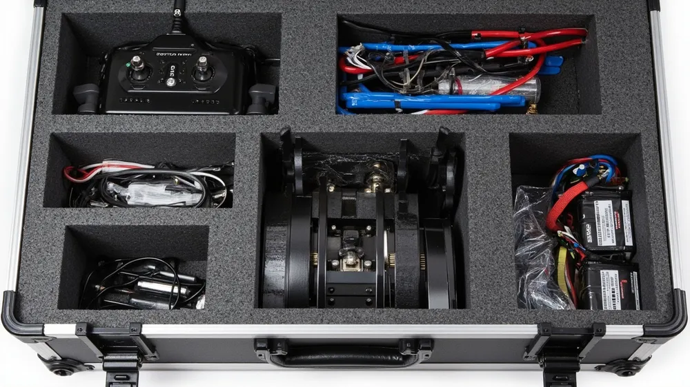 Pick-and-pluck foam holding a transmitter, LiPo packs and parts