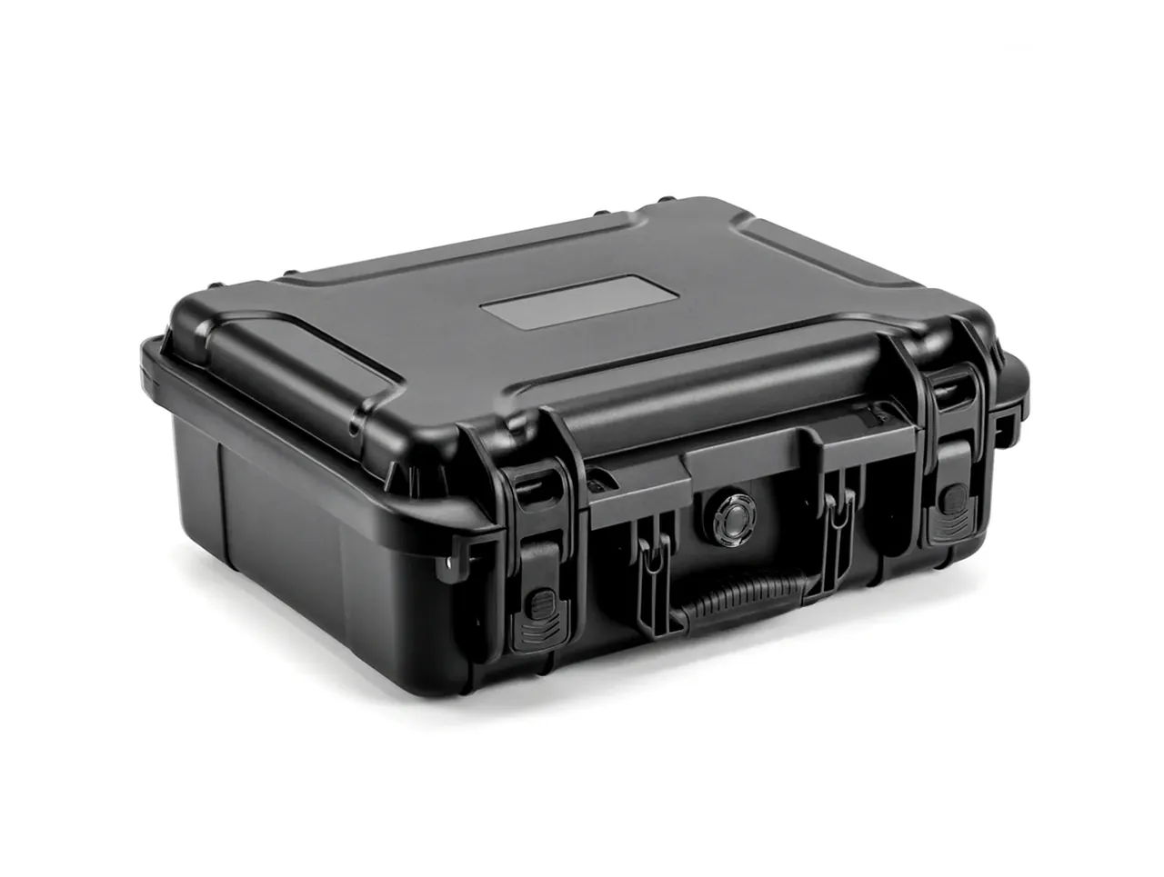 The case in three-quarter view, both latches closed, the round valve and handle on the centre line