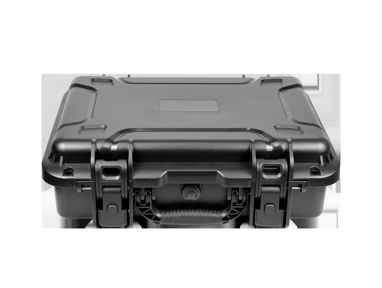 The case from the front, two latches either side, the round valve above the folding handle at the centre