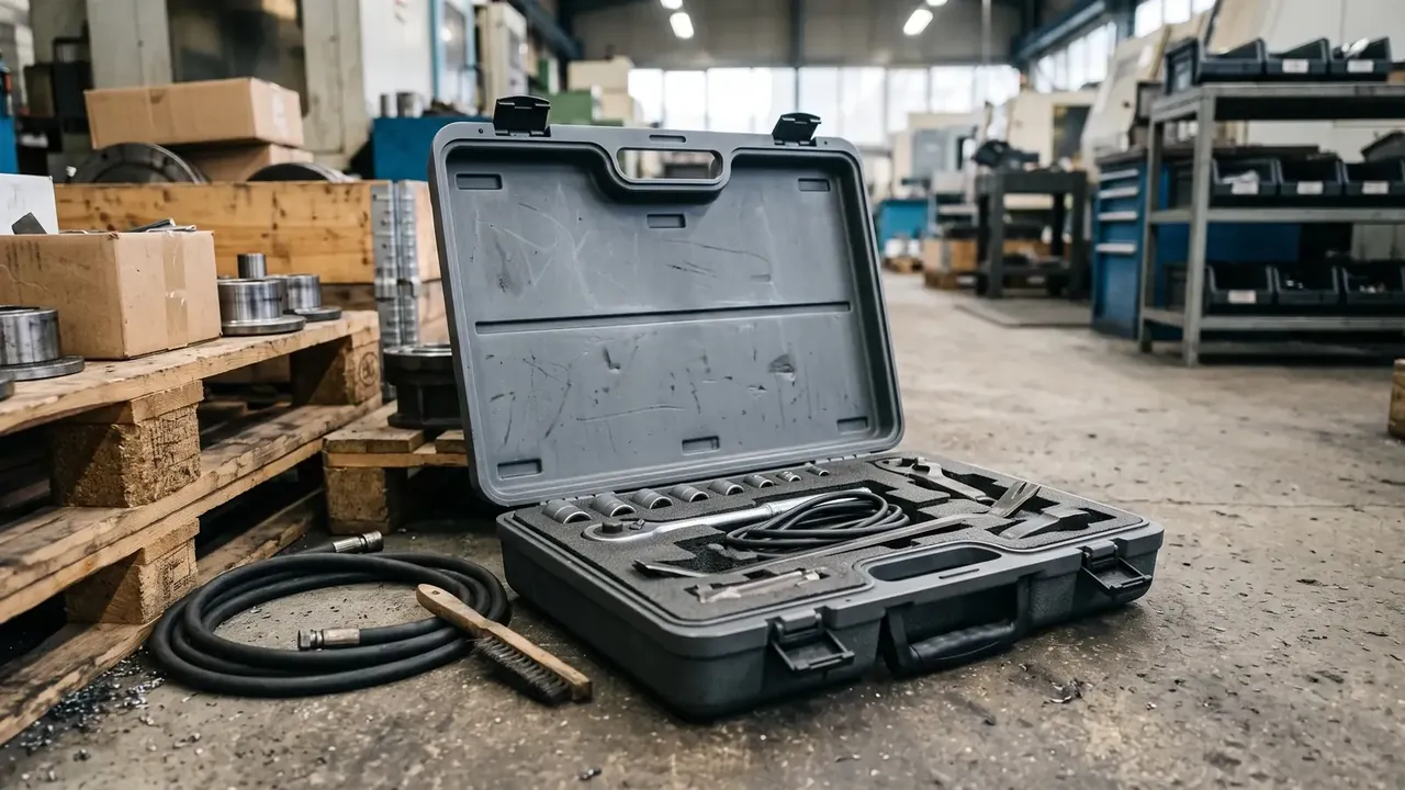 Molded plastic trolley box factory: grey case open on a workshop floor, scratched lid interior, spanners in moulded recesses, coiled hose beside it