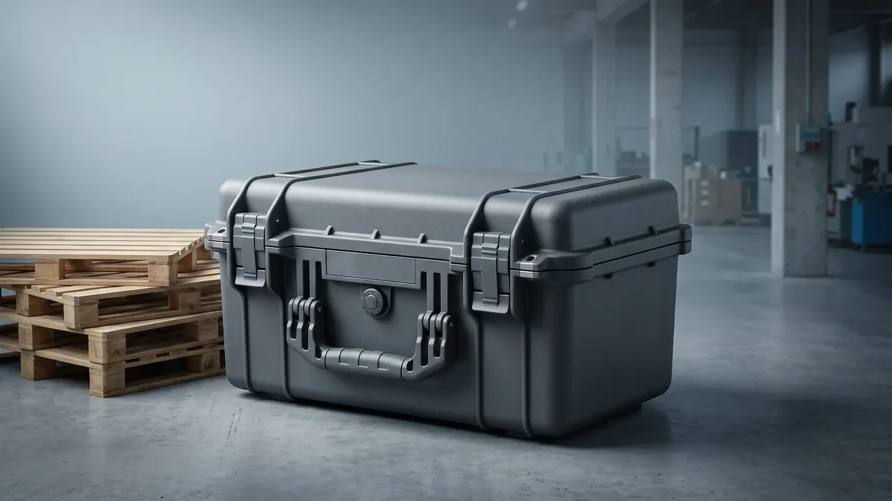 Molded plastic trolley box factory: graphite round case lying on concrete, two lengthwise lid ribs, two grey latches, moulded handle and round valve cap