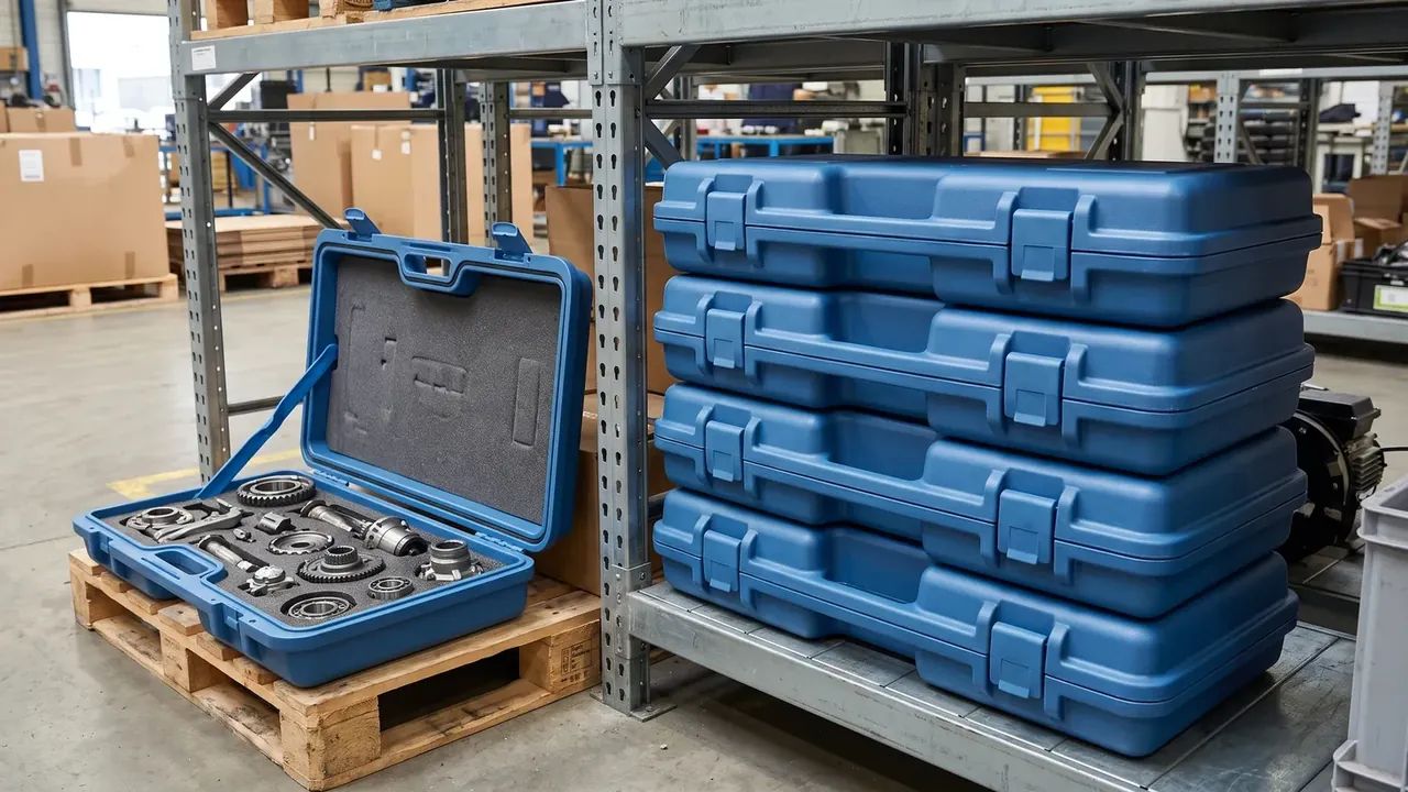 Mortuary transfer case in blue, four units stacked on warehouse racking, one open on a pallet with grey foam and metal rings inside