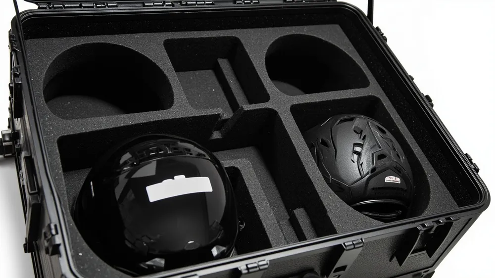 Custom foam compartments for a helmet and riding accessories in a case Custom foam compartments for a helmet and riding accessories in a case