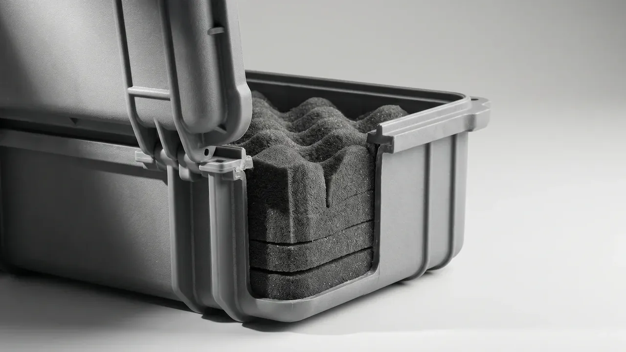 Multi-layer plastic tool chest: grey case with lid open, black convoluted foam in lid and base, seal channel around the rim, two matching latches