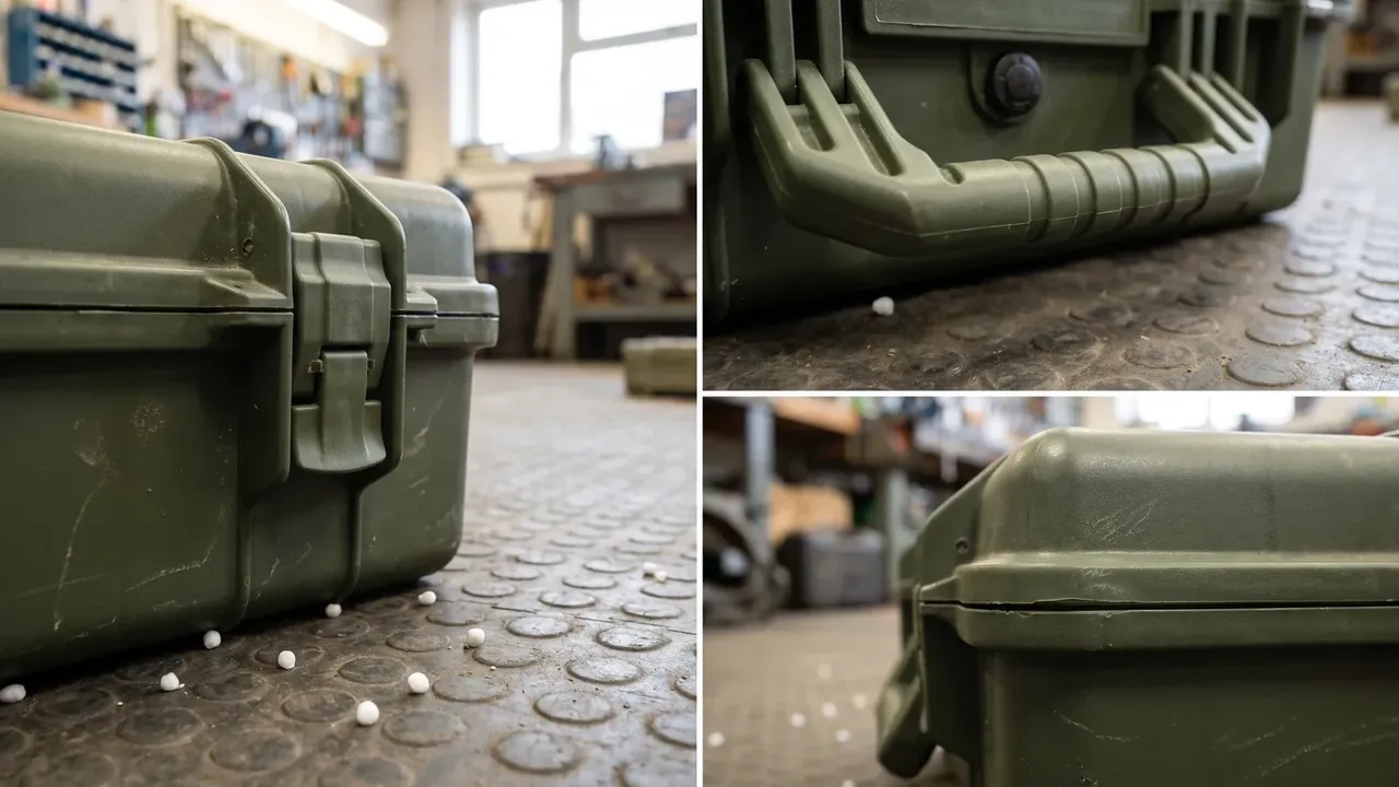 Multi-layer plastic tool chest: three-panel collage, olive green case on diamond plate with white pellets scattered, moulded handle with black knob, corner seam close-up