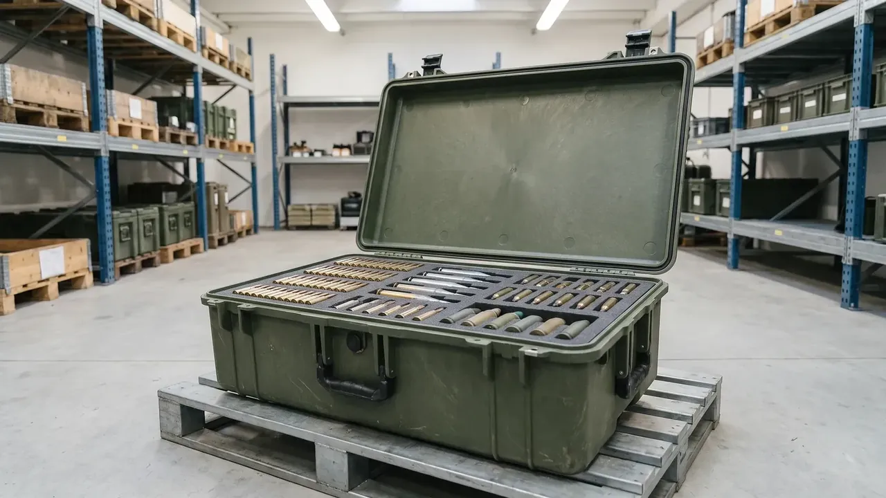 Munitions Shipping and Storage Container open on a steel pallet in a warehouse, black drilled foam holding brass cartridges upright, blue racking behind