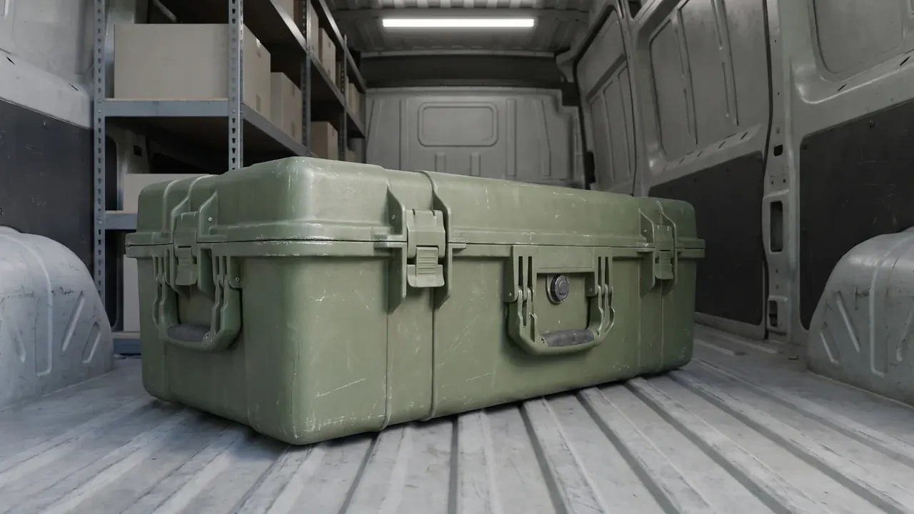 Munitions Shipping and Storage Container closed in a van, four latches along the rim, two metal-pin handles, scuffed olive surface on a ribbed floor
