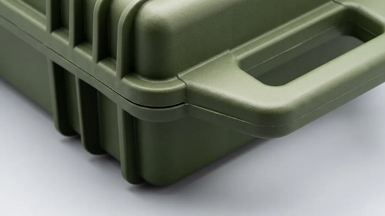 Munitions Shipping and Storage Container in olive green, close-up of a molded through-handle, vertical ribs and the lid seam