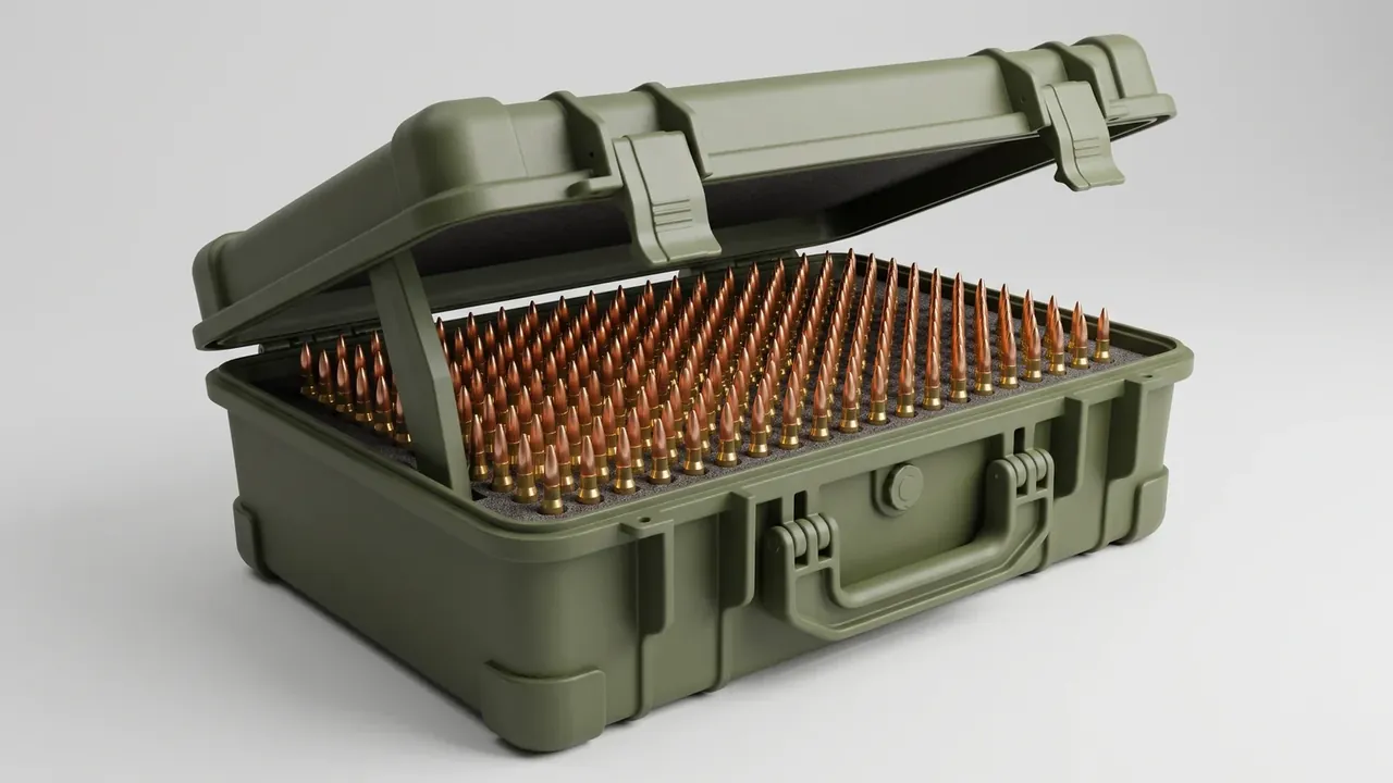 Munitions Shipping and Storage Container open on white, flocked lid, drilled sheet holding brass cartridges, large handle with metal rings